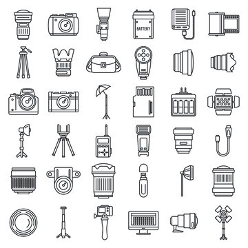 Photo equipment icons set. Outline set of photo equipment vector icons for web design isolated on white background