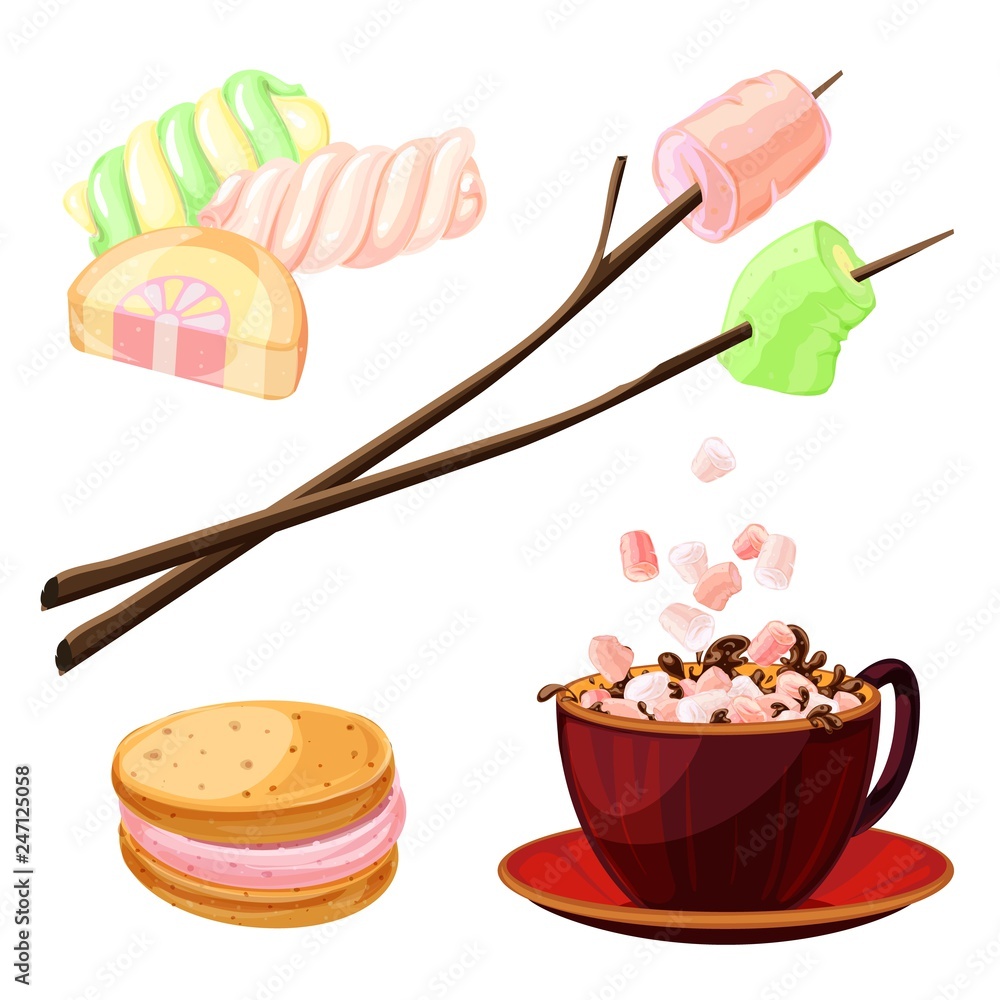 Poster marshmallow icons set. cartoon set of marshmallow vector icons for web design