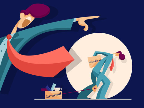 Dissatisfied boss firing male incompetent employee. Business concept. Vector illustration in flat style