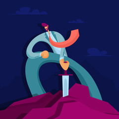 Businessman pulling Excalibur sword out from the stone. Concept success. Vector illustration in flat style