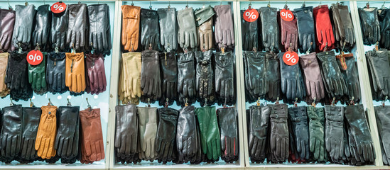 stall with fashionable leather woman gloves in boutique b