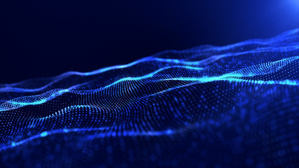 Abstract blue color digital particles wave background