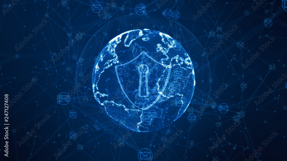 Poster shield and email icon on secure global network , cyber security concept. earth element furnished by 