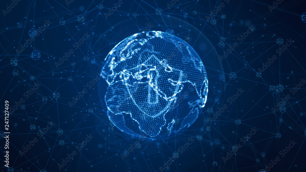 Poster shield and email icon on secure global network , cyber security concept. earth element furnished by 