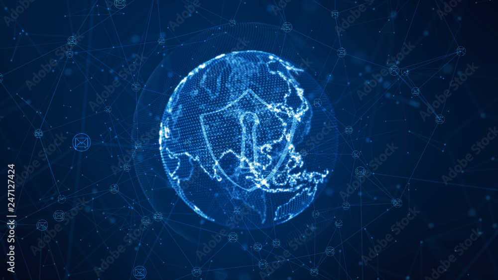 Poster shield and email icon on secure global network , cyber security concept. earth element furnished by 