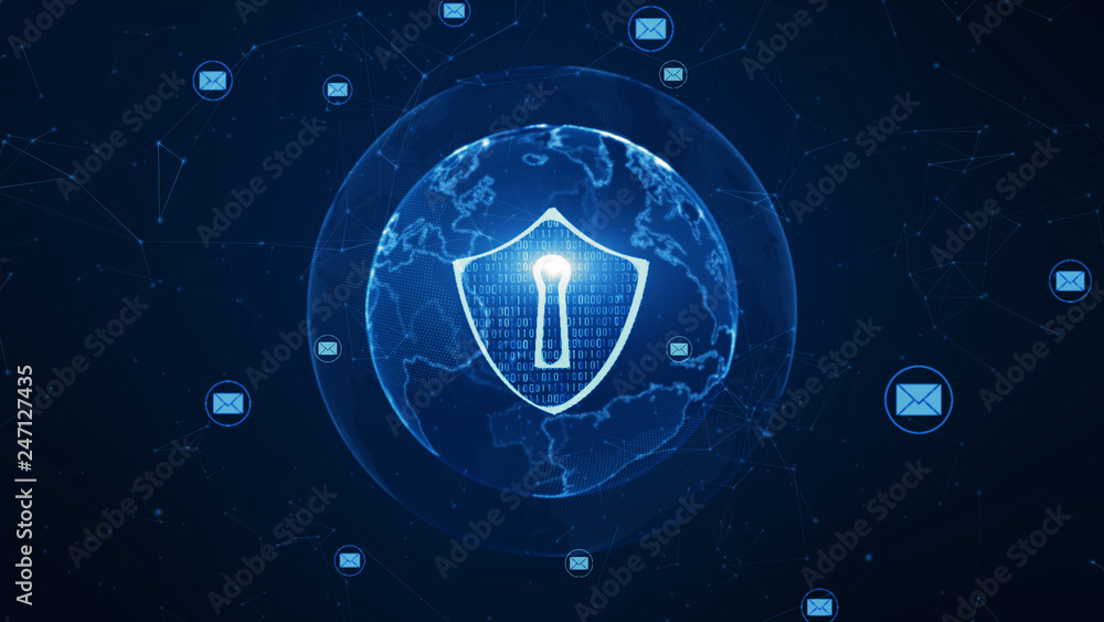 Poster shield and email icon on secure global network , cyber security concept. earth element furnished by 