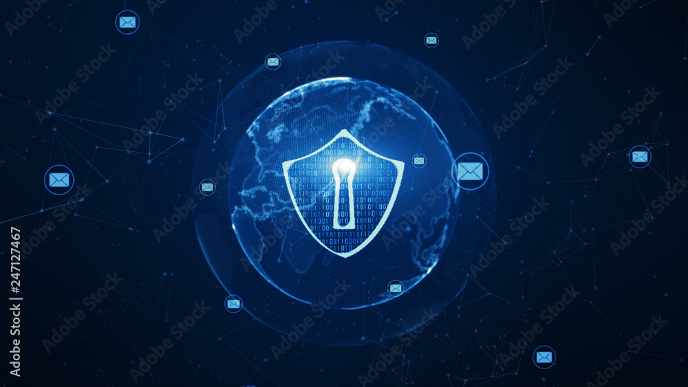 Poster shield and email icon on secure global network , cyber security concept. earth element furnished by 