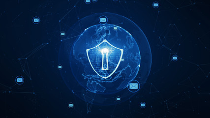 Shield and email icon on secure global network , Cyber security concept. Earth element furnished by Nasa