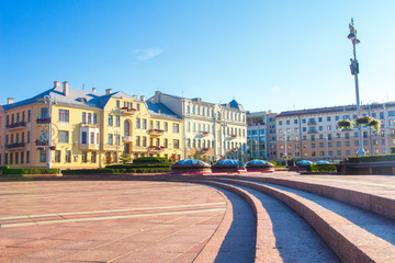 Fototapeta na wymiar Minsk, Belarus cityscape on sunny day. Architecture exterior houses in Minsk.