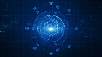 Shield and email icon on secure global network , Cyber security concept. Earth element furnished by Nasa