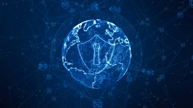 Shield and email icon on secure global network , Cyber security concept. Earth element furnished by Nasa