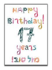 Happy Birthday 17 years. Greeting card with inscription in Hebrew Mazel Tov in translation We wish you happiness. Hand draw. Vector illustration on isolated background.