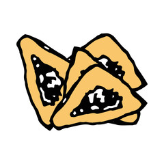 Gomentashen. Triangular cookies for the Jewish holiday of Purim. Hand draw. Doodle. Vector illustration on isolated background.
