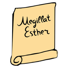 Purim scroll hand draw with lettering inscription Megillat Esther in Hebrew translation Scroll Esther. Vector illustration on isolated background.