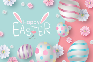 Obraz na płótnie Canvas Easter card design of eggs and flowers on color paper vector illustration