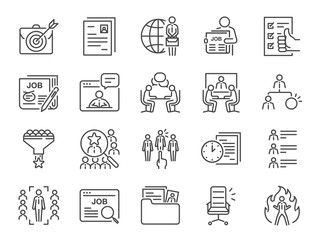 Jobs line icon set. Included icons as career, seeking job, employment, recruit, recruitment and more.