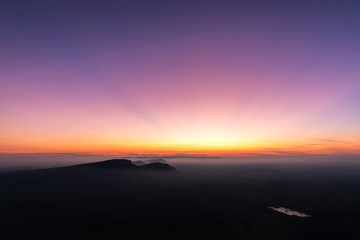 Sunrise in the mountains landscape, fog and cloud mountain valley landscape, View from Pha Mo I Daeng, Khao Phra Wihan National Park, sisaket, thailand