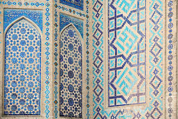 The Shah-i-Zinda Ensemble mausoleums. Symmetrical decorative ornament on wall. Samarkand, Uzbekistan