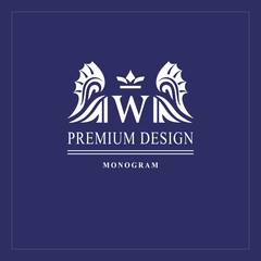 Art logo design. Capital letter W. Elegant emblem with crown, dragon wings. Beautiful creative monogram. Graceful sign for Royalty, business card, Boutique, Hotel, Heraldic. Vector illustration