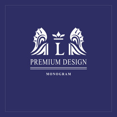 Art logo design. Capital letter L. Elegant emblem with crown, dragon wings. Beautiful creative monogram. Graceful sign for Royalty, business card, Boutique, Hotel, Heraldic. Vector illustration