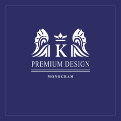 Art logo design. Capital letter K. Elegant emblem with crown, dragon wings. Beautiful creative monogram. Graceful sign for Royalty, business card, Boutique, Hotel, Heraldic. Vector illustration