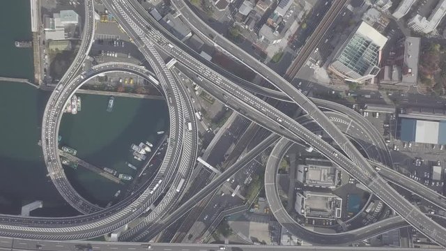 Top view zoom out over the highway, expressway and highway, Aerial view interchange of Osaka City, Osaka, Kansai, Japan