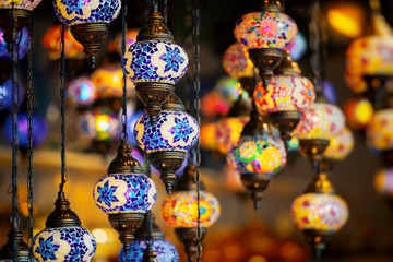Traditional arabic vibrant lamps in various colors