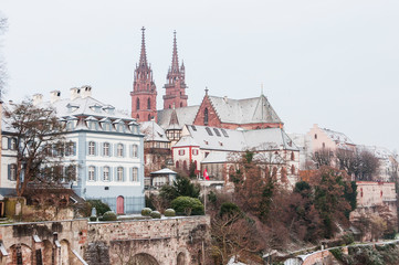 Fototapeta premium Basel, Münster, Kirche, Pfalz, Grossbasel, Altstadt, Stadt, Rhein, Rheinufer, Winter, Schweiz