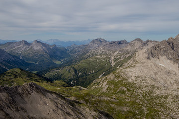 Mountain range in the alps near Lech, Austria on a cloudy day.