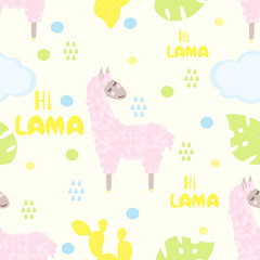 seamless pattern with lama and cactus - vector illustration, eps