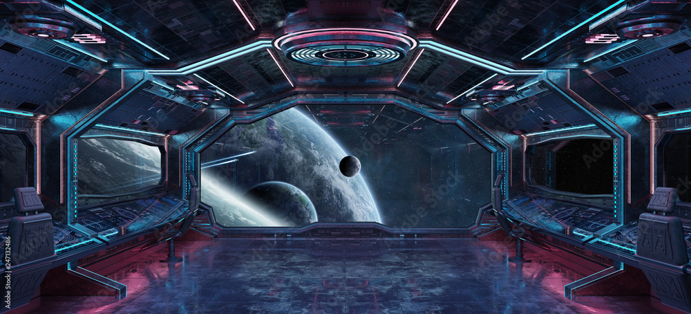 Poster grunge spaceship interior with view on planet earth 3d rendering