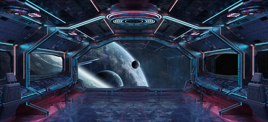 Grunge Spaceship interior with view on planet Earth 3D rendering