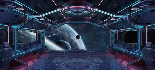 Selbstklebende Fototapeten UFO Grunge Spaceship interior with view on planet Earth 3D rendering  © sdecoret