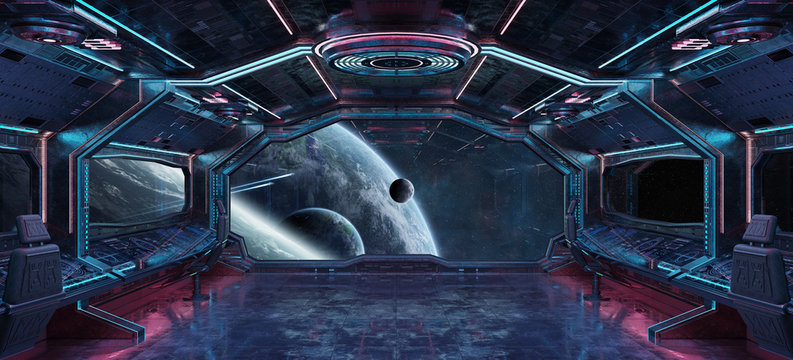 Fototapeta Grunge Spaceship interior with view on planet Earth 3D rendering