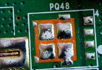 Printed circuit board close-up, contact tracks of electronics