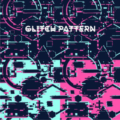 Glitchy seamless pattern. Abstract texture with glitch effect. Surface with destortion effect. Geometric cyberpunk background with dynamic broken shapes.