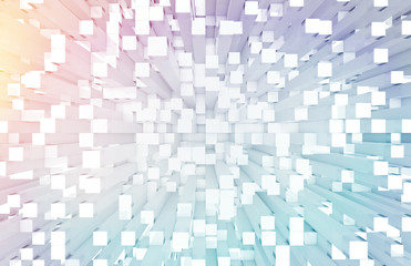 Glowing white and colorful abstract squares background pattern 3D rendering