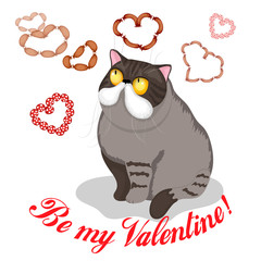 Happy Valentines Day greeting card with cute grey cat