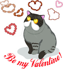 Happy Valentines Day greeting card with cute grey cat and hearts in sausages. Vector isolated character illustration.