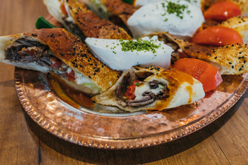 Turkish Doner Kebab, Shawarma or Gyros. Traditional Turkish Doner Kebab meat, iskender, shawarma or...