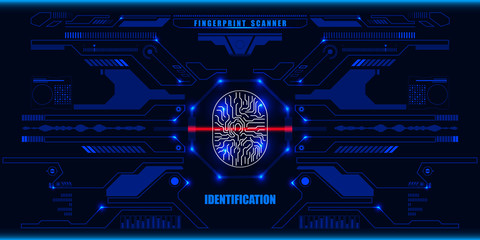 Futuristic Fingerprint Red Scanner Identification Protection Dashboard. HUD Blue UI Element Technology Background Authorization System Illustration.
