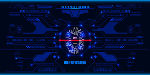 Futuristic FingerprinFuturistic Fingerprint Red Scanner Identification Prt Red Scanner Identification Protection Dashboard. HUD Blue UI Element Technology Background Authorization System Illustration.