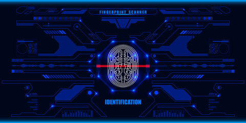 Futuristic Fingerprint Red Scanner Identification Protection Dashboard. HUD Blue UI Element Technology Background Authorization System Illustration.