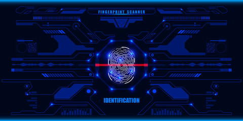 Futuristic Fingerprint Red Scanner Identification Protection Dashboard. HUD Blue UI Element Technology Background Authorization System Illustration.