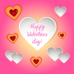 Happy valentines Day gentle greeting  card. Vector illustration with a paper hearts and delicate  heart-shaped biscuits with berry jam.