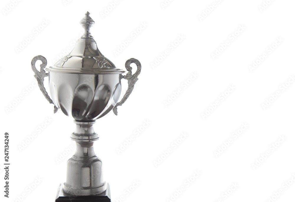 Wall mural close up of silver trophy isolated on white background. winning awards with copy space.