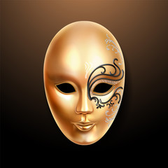 Golden mask with ornately lace. Volto type face cover or carnival mask. Masquerade woman mask or theater man masque. Italian festive or venetian mardi gras, brazil party or holiday theme