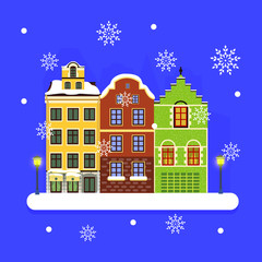 Winter city scene. Winter Christmas town Vector illustration flat design with snowflakes, street lamps and old houses.