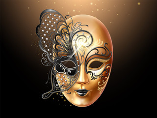Volto mask decorated with diamonds and butterfly lace. Face cover design for party or carnival, masquerade and holiday celebration. Man and woman masque. Italian or venetian mardi gras theme © Sensvector