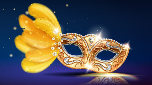 Face mask with beads and feather, ornate with diamonds. Carnival or masquerade colombina masque. Brazil, italian parade face cover. Costume item for man or woman at opera, theater. Holiday, party